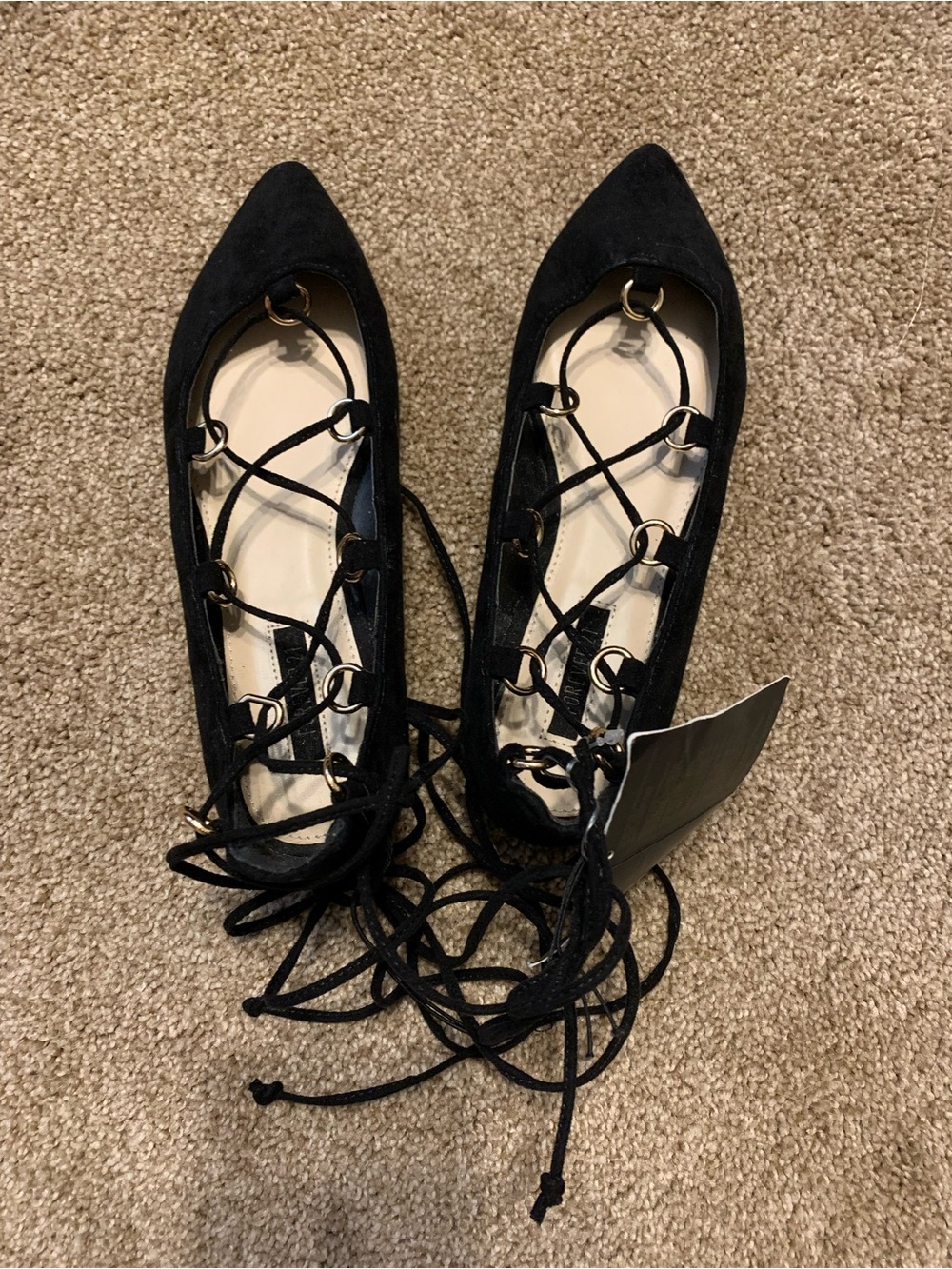 Forever 21 Black Lace-Up Pointed Flats with Ring Detail